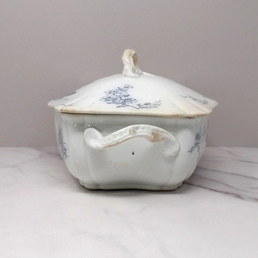 Antique Alfred Meakin Ironstone Transferware Covered Vegetable Dish, Blossom